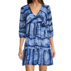 Calvin Klein Tie Dye Blue V-Neck 3/4 Balloon Sleeve Tiered Dress